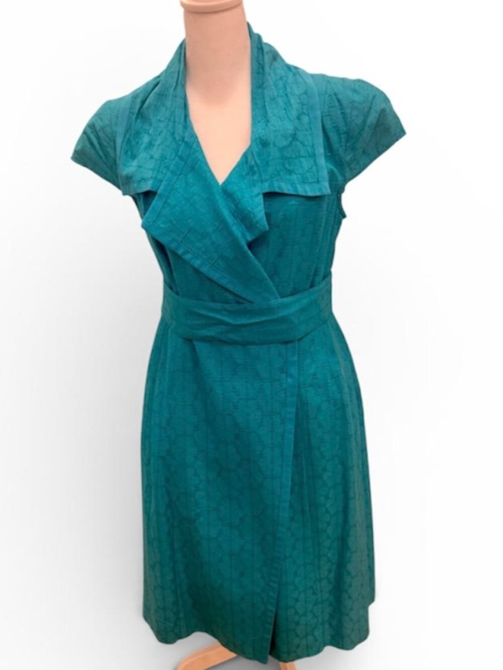 Etcetera Brand Blue Textured Faux Wrap Silk Midi Dress - Size 6 NWT